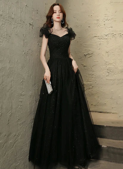 Black Tulle Beaded A-line Long Prom Dress